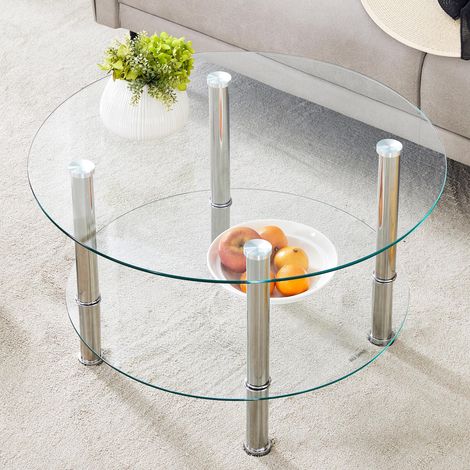 Moderner zweistufiger Glascouchtisch - Silberne Metallbeine.Stabil und geräumig,mit leichtem Luxusdesign.Der Metallglanz verbindet sich mit Glasreflexen und meistert mühelos den Stil des leisen Luxus. (1/5)