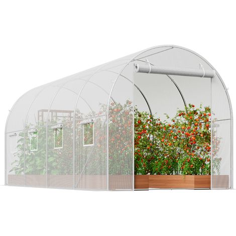 Mophorn Invernadero Túnel de Jardín, 445x194x192 cm, Carpa Refugio para Plantas con Estructura de Acero Galvanizado, Cubierta de PE Blanco, Puerta Enrollable con Cremallera, 8 Ventanas, para Cultivo d