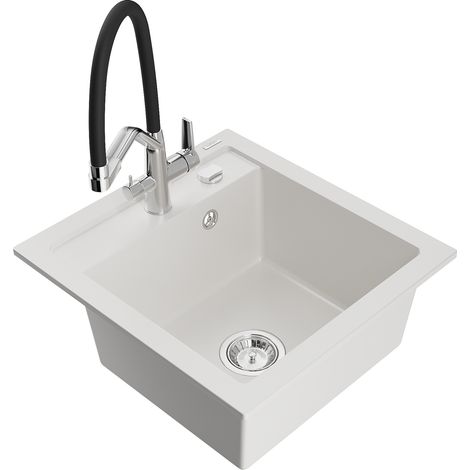 Mexen Vito lavello in granito con 1 vasca e rubinetto da cucina Duo, bianco - 6503-20-671701-07 (1/5)