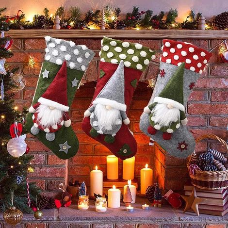 Chaussettes de Noël décoratives à suspendre (3 pièces) pour cheminée, Noël (1/5)