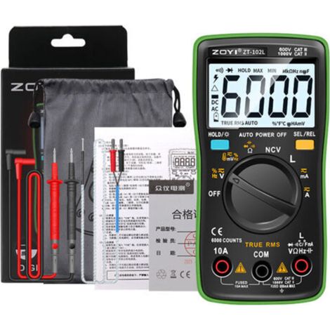 Backlit LCD Digital Multimeter, Portable, Professional, 6000 Counts, True RMS, Current, Voltage, Capacitance, Resistance, Inductance, Frequency, Duty Cycle, Diode Tester, Measurement (1/5)