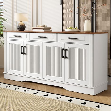 Aparador blanco de MDF con 4 puertas, 3 cajones, 160 x 40 x 75 cm (1/5)