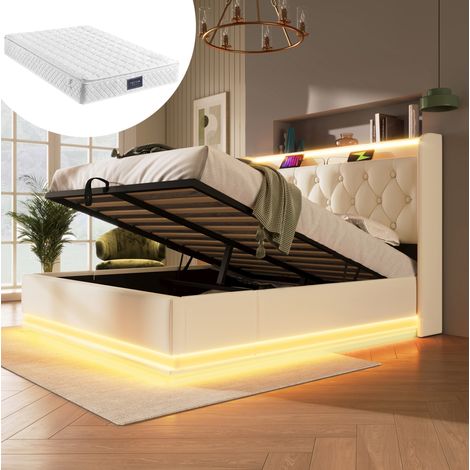 MEUBLIV Lit 160x200 cm blanc – LED 360 et rangement hydraulique, avec matelas (1/5)