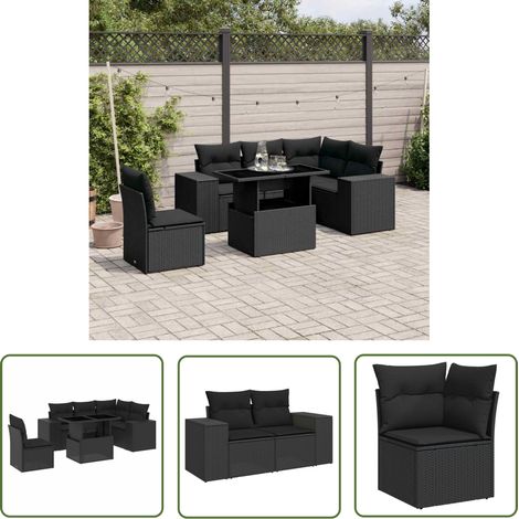 The Living Store Salon de jardin 6 pcs avec coussins noir résine tressée - Ensemble Salon De Jardin - Meuble Extérieur - Jardin Design - Mobilier Résistant Aux Intempéries - Chaise Lounge (1/5)