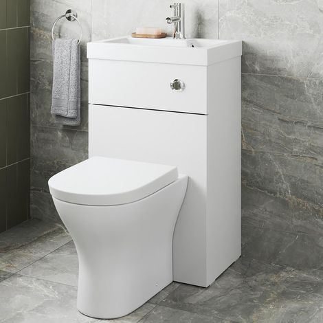 2 in 1 Toilet Basin Combi Unit Back to Wall BTW White Gloss Space Saving 500mm