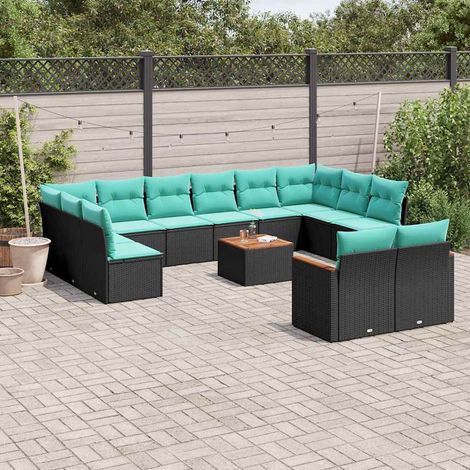 Salon de jardin 13 pièces en résine tressée noire avec coussins bleus - PANGIVO (1/5)