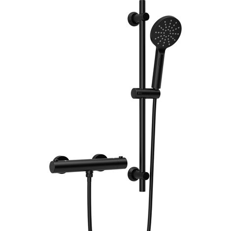 Görbach Colonna Doccia con Miscelatore Termostatico, Set Asta Doccia in Acciaio inox con Doccetta e Tubo, Saliscendi Doccia 70 cm, Nero (1/5)
