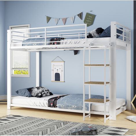 Etagenbett 90/200 cm in Weiß und Walnuss mit integrierter Leiter und Rausfallschutz (1/5)