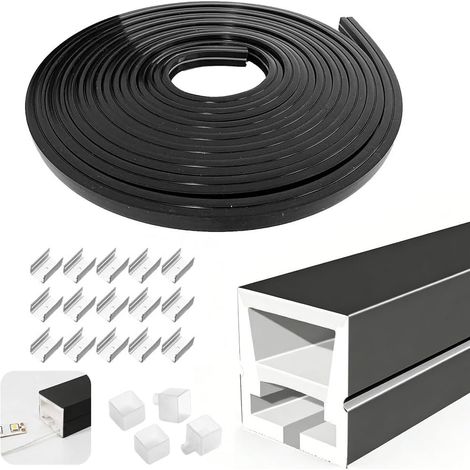Profilé LED noir, 5 m, bande LED en silicone flexible, canal LED 12 × 12 mm, étanche IP65, embouts et clips de montage, éclairage néon DIY pour plafonds, armoires, bars et panneaux (1/5)