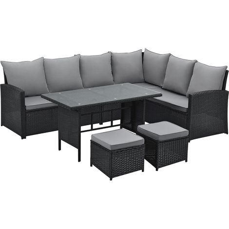 Svita – Ensemble de salon de jardin en polyrattan noir – 6 places – Dimensions 230x180x82 cm – Table avec plateau en verre 5mm – Coussins amovibles