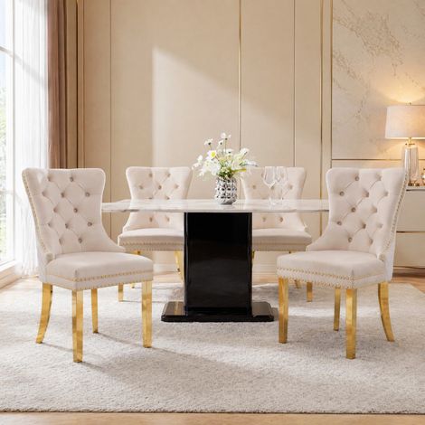 DESMIU Chaise de Salle à Manger Lot de 4 avec Dossier à Anneau, Clous Décoratifs et Pieds Réglables, en Velours Beige 50.5 × 45 × 95 cm (1/5)