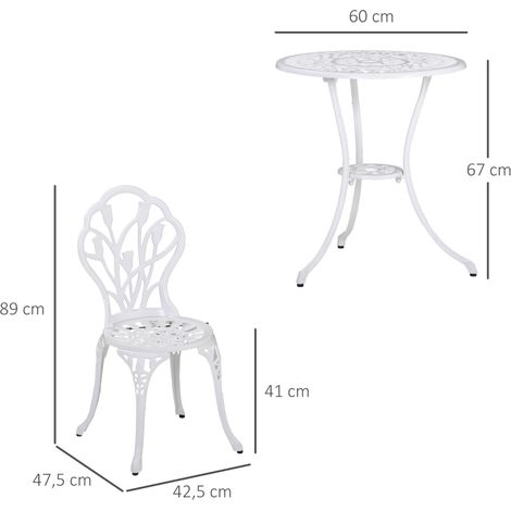 Ensemble de salle à manger pour 2 personnes, mobilier de jardin : 1 table + 2 chaises avec trou pour parasol, aluminium, blanc (1/5)