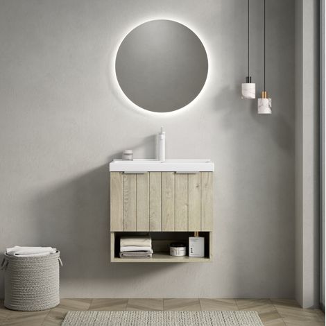 Mobile lavabo sospeso moderno 55 cm con lavabo integrato in ceramica, 2 ante e ripiano aperto, rovere crema e bianco (1/5)