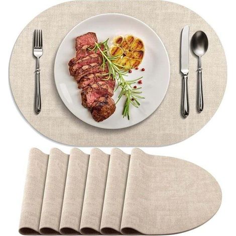 A set of 6 non-slip oval placemats, made of heat-resistant double-layer leather, waterproof and easy to clean, suitable for kitchens, restaurants, cafes and offices, beige. (1/4)
