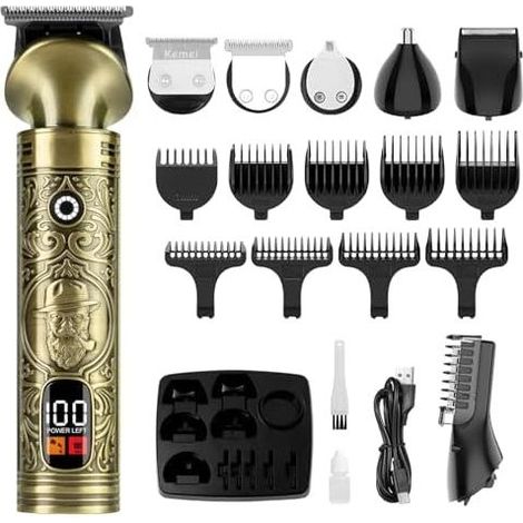 Professioneller Herren-Bart- und Haartrimmer mit 6 Schneidköpfen zum Schneiden von Haaren, Bart, Körperbehaarung und Nasenhaaren, elektrischer Rasierer mit LED-Anzeige - (1/5)