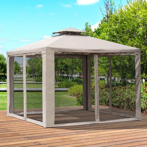Outsunny Pavillon mit Doppeldach, ca. 3x3 m Wasserdicht Stabil Winterfest Gartenpavillon mit Moskitonetz, Seitenteile, Garten-Pavillon aus Metall, für Garten, Terrasse, Grau