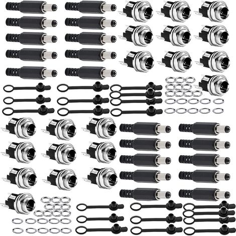 100Pcs 5,5 mm x 2.1 mm/ 5,5 mm x 2.1 mm DC Connecteur Alimentation 12V souder KIT，Prise Jack Mâle + Douilles Femelle, avec Capuchon en Caoutchouc, pour Audio/Vidéo/Téléphone/CCTV