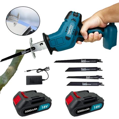 Säbelsägen, kabellose elektrische Ast-Säbelsäge, zum Beschneiden von Bäumen aus Metall, Holz, PVC-Rohren im Garten + 4 Klingen + 2x 3,0-A-Akku + Ladegerät , Kompatibel mit Makita Batterie