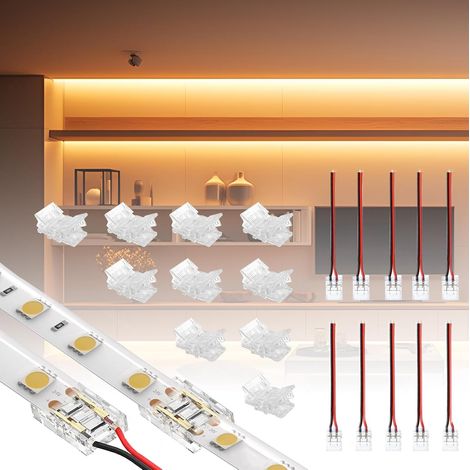 20 Pack 8mm 2 Pin Connecteur LED Kit pour Ruban LED COB SMD, Comprend 10 Pack Connecteurs de Bande LED et 10 Pack Câble d'extension de bande LED (1/5)