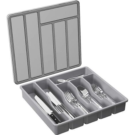 Organisateur à couverts avec couvercle, plateau à ustensiles gris (1/5)