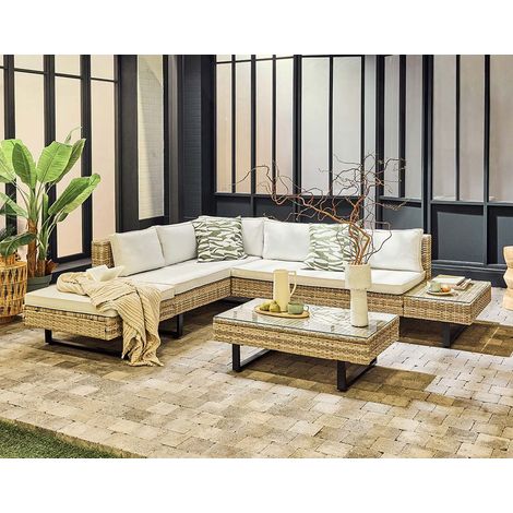 Sashi – salon de jardin d'angle en résine beige et grise – 5 places - coussins gris clair et table incluse