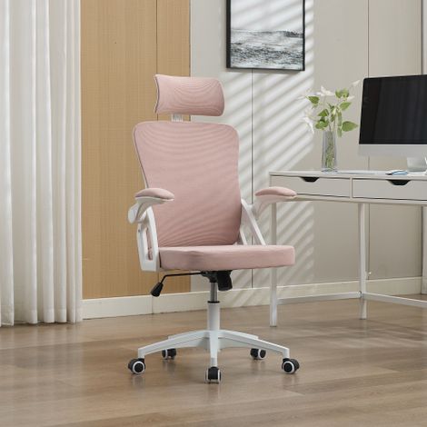 Silla de oficina, en tela malla, con brazos abatibles, reposacabezas ajustable y soporte lumbar, regulable en altura, rosa