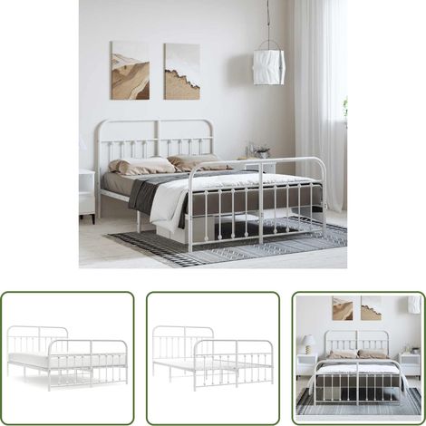 vidaXL Lit avec tête et pied -  Cadre de lit métal sans matelas et pied de lit blanc 150x200 cm (1/5)