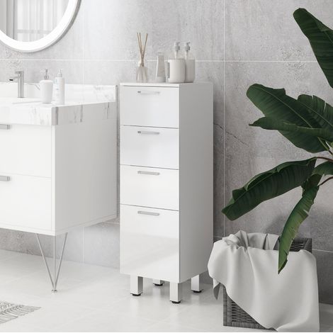 Schmaler Badezimmerschrank 30 x 30 x 93 cm mit verstellbarem Regal und 4 Schubladen, Weiß (1/5)