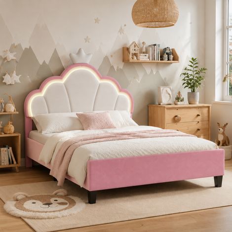 Lit Filles rembourré,lit princesse enfant 140x200 Lit double,Cadre de lit d'Enfant et d'Ado avec LED, tête de lit Couronne et réglable en Hauteur,Rose