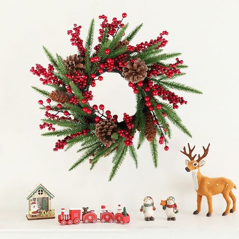Weihnachtskranz, Weihnachtskranz für die Haustür. Weihnachtskränze mit roten Beeren, Tannenzapfen und Zedernzweigen. Künstlicher Kranz für die Weihnachtsdekoration im Innen- und Außenbereich. (1/4)
