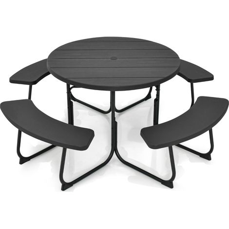Ensemble table de pique-nique circulaire 190 x 76 cm pour 8 personnes design moderne en métal noir