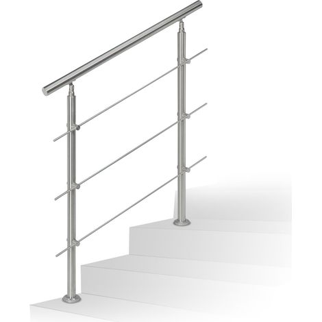 Relaxdays Stainless Steel Handrail Set, for Indoors and Outdoors, Bannister, 1.0 m Long, 2 Posts, 3 Crossbars, Silver (1/5)
