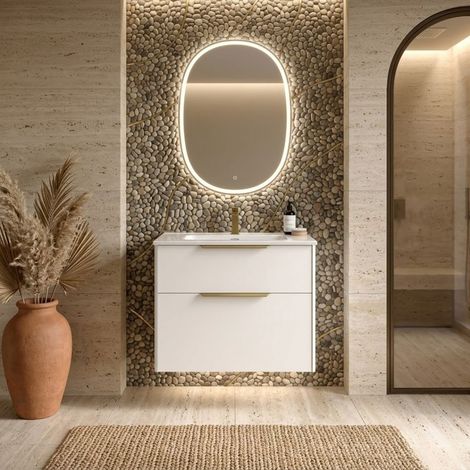 Meuble de salle de bain suspendu 80 cm avec 2 tiroirs et lavabo inclus, blanc satiné – Paso