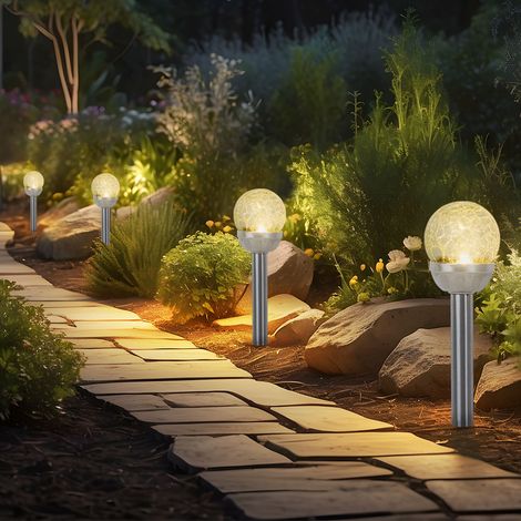 Lampada solare con picchetto da terra, lampada da esterno, sfera in vetro, lampada da giardino, plastica, argento, acciaio inox, batteria, LED bianco caldo, H 34,5 cm, set da 4
