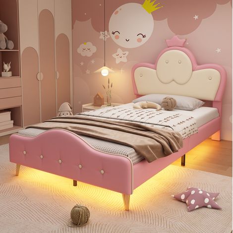 Lit enfant simple rembourré moderne PU rose et blanc 90x200 cm avec tête de lit couronne, LED et sommier à lattes (1/5)