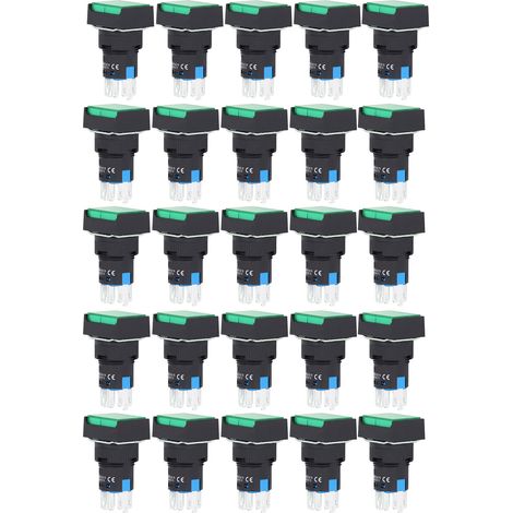 Lot de 25 interrupteurs à bouton-poussoir carrés en laiton ABS à verrouillage automatique avec voyant lumineux pour boîte de distribution, 16 mm, 24 V, vert (1/5)
