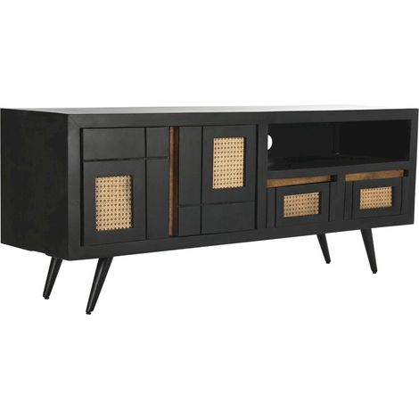 Meuble TV élégant en rotin et mango noir - Noir intense et naturel (1/5)