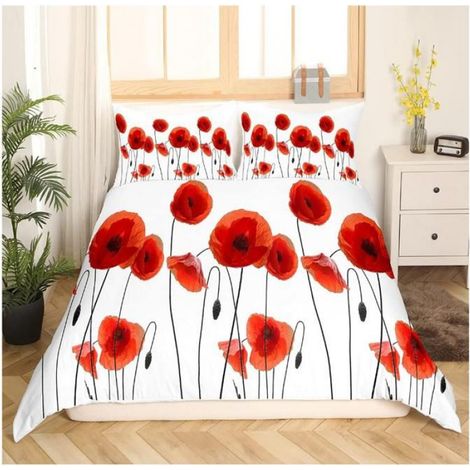 Housse De Couette - Parure Lit 140x200cm - Motif Fleurs Rouges - Microfibre - 1 Housse + 2 Taies Doreiller (1/4)