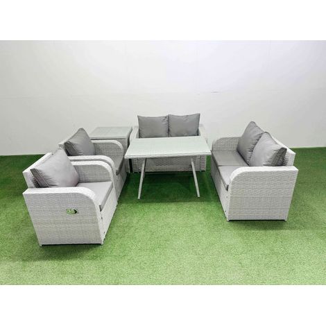 Fimous 6 Seater Rattan Garden Furniture Set Outdoor Love Sofa Set with Rectangular Dining Table Side Table Light Grey (1/4)