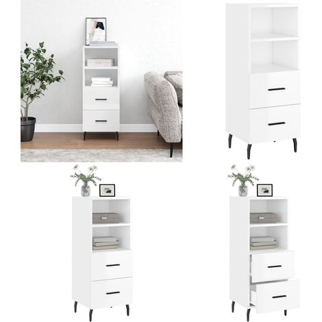Buffet Blanc brillant 34,5x34x90 cm Bois d'ingénierie - Buffet Design Moderne - Meuble Rangement - Armoire Blanche - Commode Tiroir - Étagère Ouverte - Home & Living