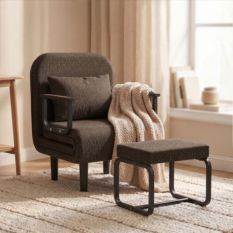Fabulcozy Divano letto 4 in 1 in lino con poggiapiedi e braccioli in metallo per soggiorno – 184x60 cm, marrone