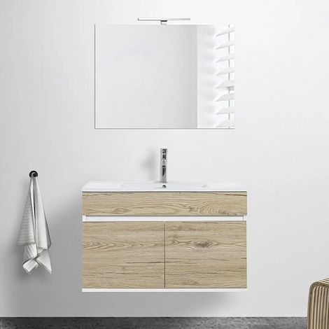 Mobile bagno sospeso da 90 cm Duble rovere africa con lavabo e specchio (1/5)