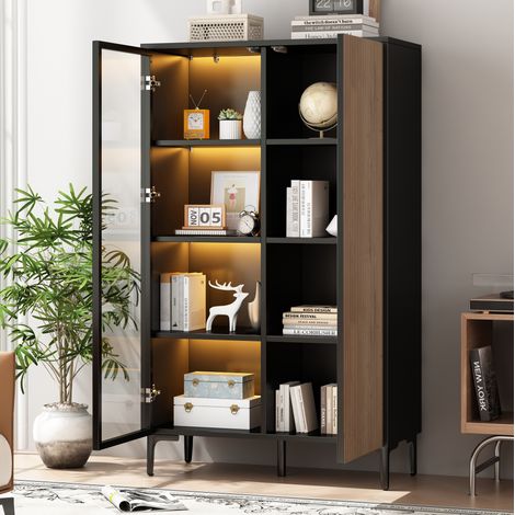 Vitrine 90x40x135 cm en MDF noir et bois, avec rangement pour salon et salle à manger FloraGrace (1/5)