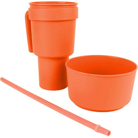 2-in-1-Snackbecher mit Strohhalm, Weithalsbecher mit Deckel, ideal für Kino, Zuhause und unterwegs, Orange (1/5)