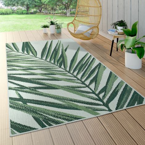 Paco Home Tappeto per interni ed esterni verde-beige adatto per terrazza e balcone, con motivo di palme, a tessuto liscio Ø 160 cm tondo
