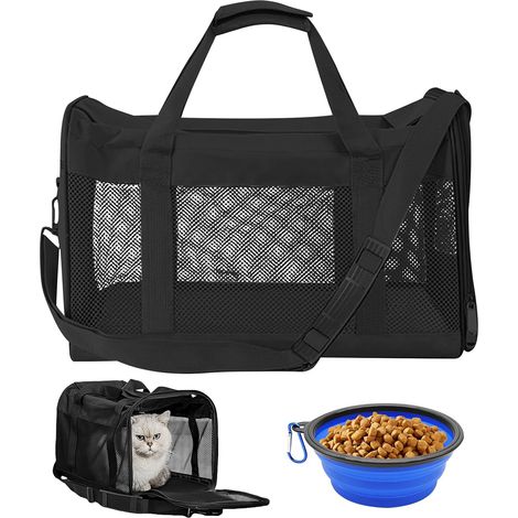 Bolsa transportadora para gatos: 3-6 kg, plegable con comedero plegable, bolsa transportadora para gatos y perros pequeños, color negro. (1/5)