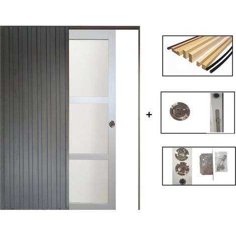 Porte Coulissante Greyria Gris Clair Ral7035 Vitree H204 X L83 + Systeme De Galandage Et Kit De Finition Inclus