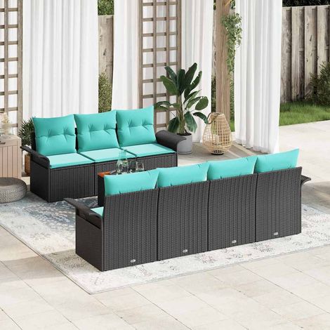 vidaXL Ensemble de canapé de jardin 8 pcs Noir et turquoise polyrotin (1/5)