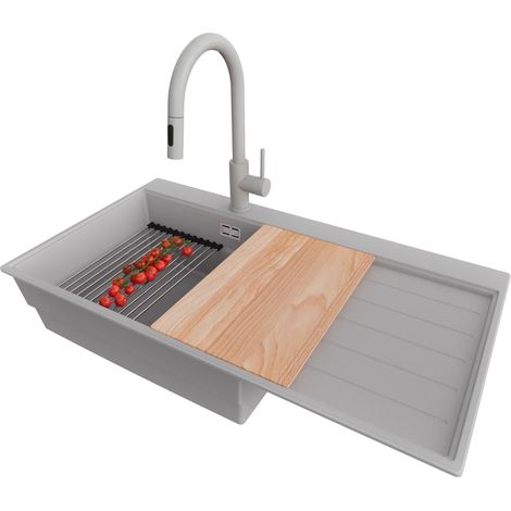 PRIMAGRAN Evier Cuisine en Granit 90x50cm,Lavabo 1 bac + Robinet 40x20cm + Kit de Vidage + Accessoires, Évier à Encastrer au meuble 60cm - Sydney, Gris (1/5)