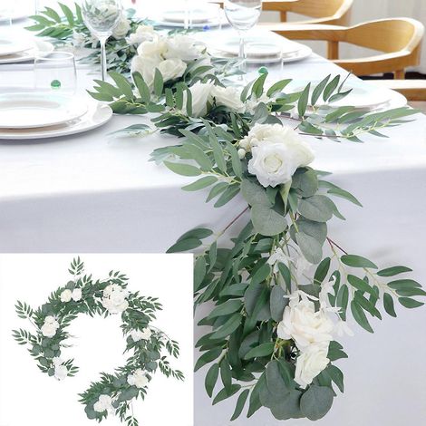 Couronne de fausse vigne en rotin, guirlande suspendue, blanc et vert, pour la décoration de table, de porte d'entrée ou pour un mariage. Cadeau idéal. (1/4)